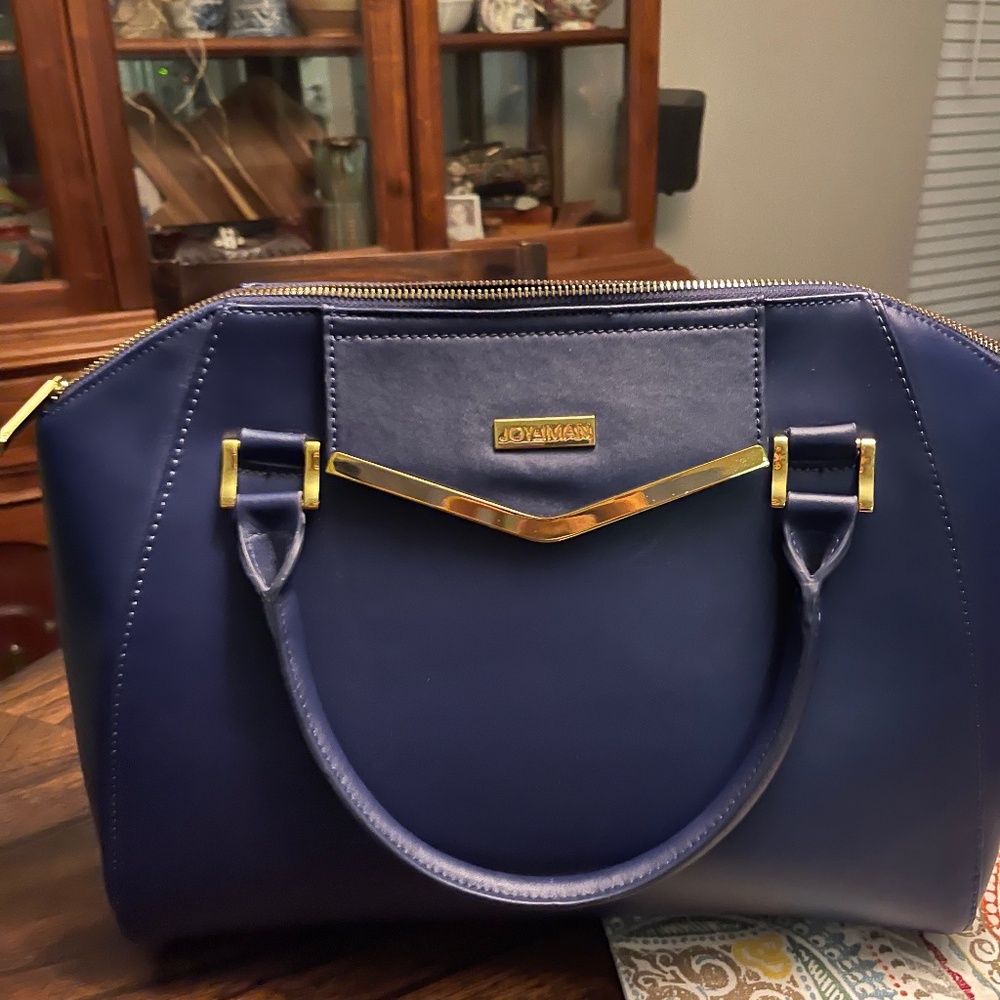 JOY & IMAN Couture Leather Satchel & Clutch with Velvet Detail - Navy
